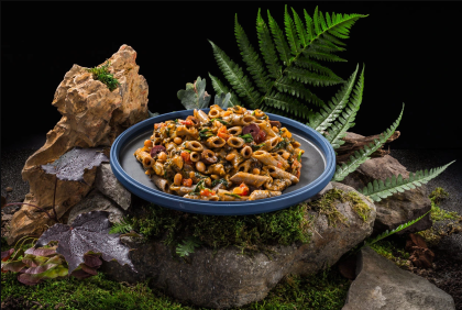 Cricket protein penne in sauce with beans, spinach, and olives Adventure Menu