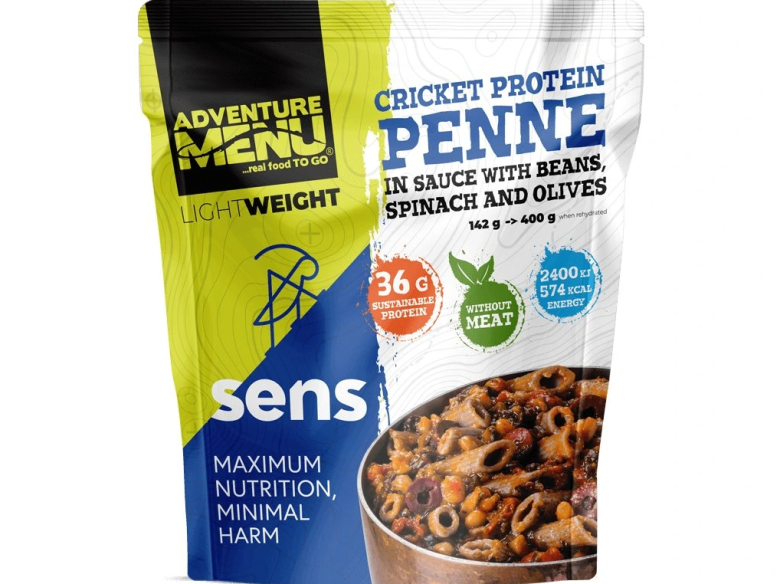 Cricket protein penne in sauce with beans, spinach, and olives Adventure Menu